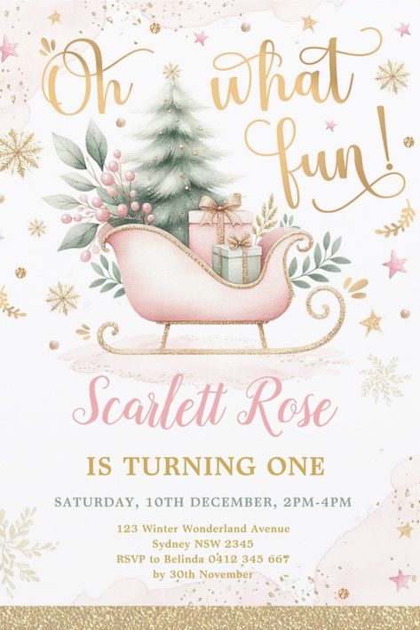 Christmas 1st Birthday Girl, Winter Wonderland 1st Birthday, Pink Winter Wonderland, Wonderland Christmas, Oh What Fun, Christmas Birthday Party, 1st Birthday Invitation