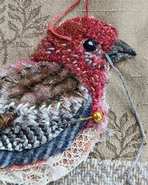 Ann Smith on Instagram: "House finch and early spring blossoms 🌸🌸🌸 Work in progress #fabricscraps #textileart #textilestorytelling #upcycledart #birdart #birdsinmybackyard #birdwatching #embroidery #applique #textiles #handstitching #handwork #handmade #handsewing" Slow Stitch Houses, Slow Stiching Projects, Applique Textiles, Embroidery Designs Birds, Fabric Art Tutorials, Bird Quilt Blocks, House Finch, Bird Template, Applique Art