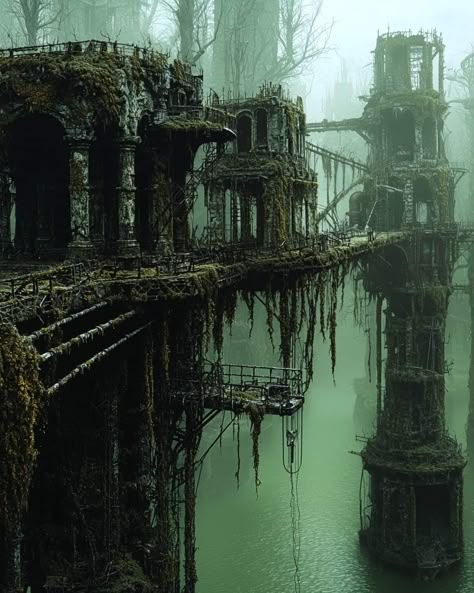 Manga Landscape, Dystopian Story Ideas, Post Apocalyptic City, Scorched Earth, Cool Buildings, Ruined City, Steampunk House, Fantasy Rooms, Half Life