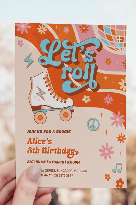 Roller Disco Birthday Party, Roller Disco Party, Roller Skating Party Invitations, Disco Roller Skating, Skate Invitations, Roller Skate Party, Roller Skating Birthday Invitations, Roller Skate Birthday Party, Retro Wedding Theme