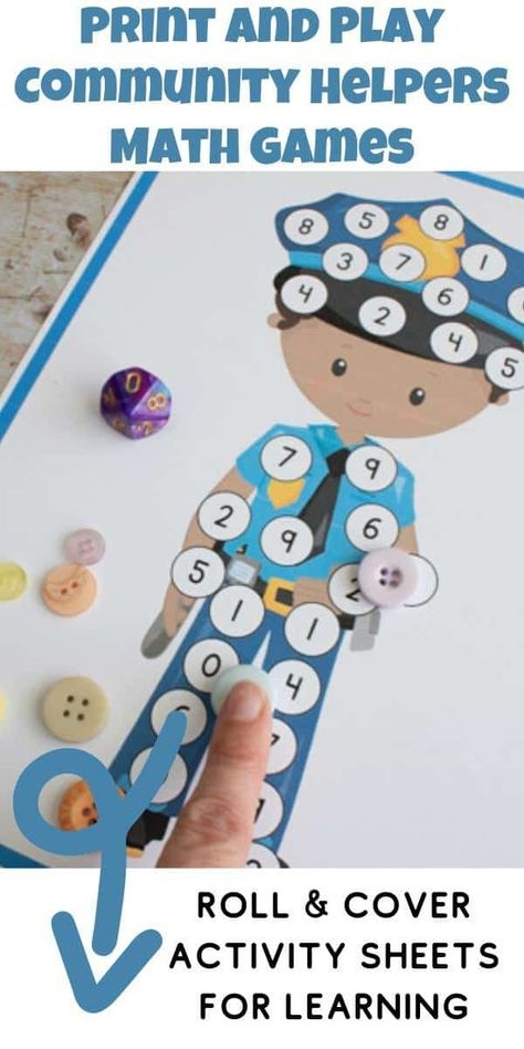 Print and play these easy preschool maths games featuring a fire fighter and police officer to play with dice and cover the matching numbers. Police Preschool Theme, Doctor Math Activities For Preschool, Police Preschool, Police Officer Math Activities Preschool, Police Eyfs Activities, Community Helpers Math, Community Helpers Preschool Crafts, Police Crafts, Police Activities