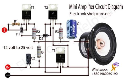 Power Amplifier Circuit Diagram, Amplificador 12v, Amplifier Circuit Diagram, Simple Electronic Circuits, Amplificatori Audio, First Transistor, Mini Amplifier, Subwoofer Box Design, Amplifier Audio