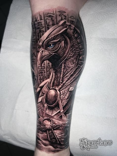 Realistic Horus Egyptian God tattoo by Nikolay Sparkov. #sleeve #tattoo #tattoosleeve #realistictattoo #blackandwhitetattoo Horus Egyptian God Tattoo Design, Horus God Tattoo, Egyptian Tattoo Horus, Eygptain Tattoos Men Arm, Egyption Sleeve Tattoo, Pyramid Tattoo Sleeve, Men Egyptian Tattoo, Egyptian Tattoo Sleeve Men Arm, Ancient Egypt Tattoo Sleeve