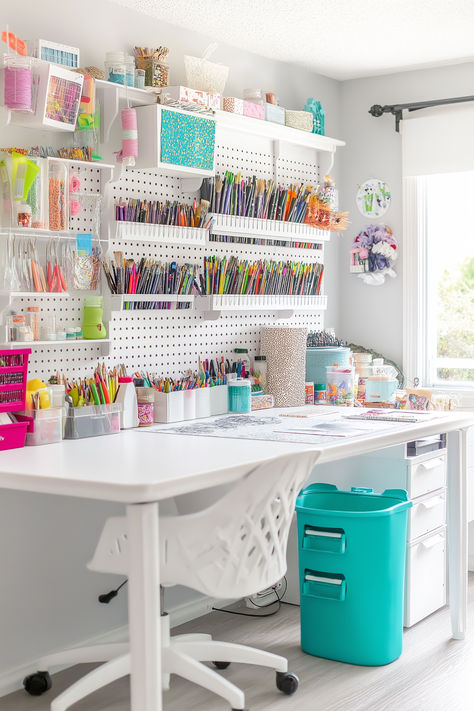 Unlock the full potential of your craft room with my 47 inspiring designs and organization hacks. Learn how to create a space that’s not only functional but is also beautiful and inspiring. Head over to explore these ideas to transform your craft room today! RealEstateSpice.com #YourBestSpace #CraftRoom Craft Studio Organization Ideas, Tiny Craft Space Ideas, Craft Room And Office Ideas, Craft Room With Sitting Area, Homework Room Study Areas, Creativity Room Ideas, Crafting Room Organization, Shared Craft Room, Pegboard Organization Craft Room