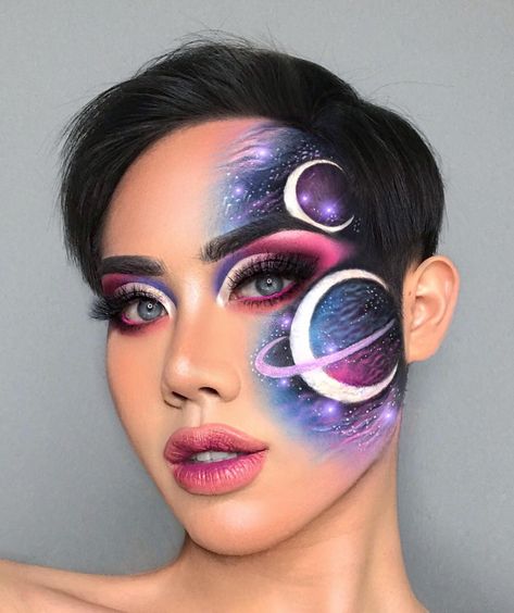 💫🔮💙💜 Universe 💜💙🔮💫﻿ I did a galaxy look before but i not really like it ﻿ So this is the upgrade version of that 💫✨⭐️﻿ Hope u guys love it… Bout Makeup, Makeup Yeux, Cosmic Makeup, Sky Makeup, Unconventional Makeup, Space Makeup, Galaxy Makeup, Pride Makeup, Face Paint Makeup