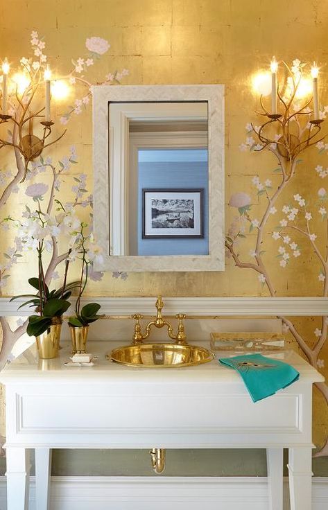 Chinoiserie Powder Room with Gold Metallic Wallpaper and Chair Rail - Asian - Bathroom Traditional Powder Room, Asian Bathroom, Wallpaper Powder Room, Gold Metallic Wallpaper, Powder Room Wallpaper, Powder Room Decor, Wallpaper Ceiling, Powder Room Design, Velvet Wallpaper