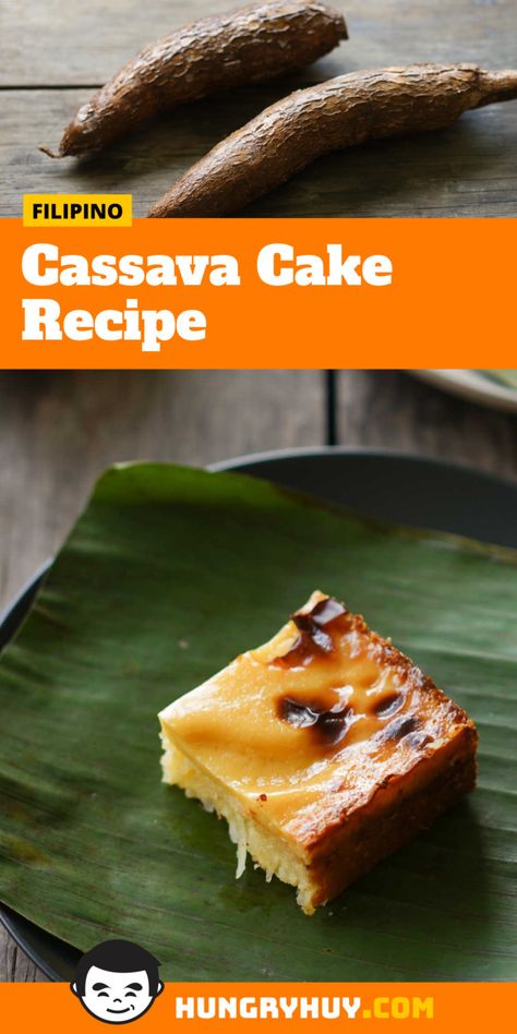 Also known as cassava bibingka, this cassava cake has a thick, but tender layer of fresh cassava root, condensed milk, evaporated milk, sugar, and coconut cream with an extra topping of silky custard. And it’s allllmost flourless, except for two tbsp for the topping! Cassava Arepas, Cassava Cake Recipe Filipino, Casava Cake Recipe, Cassava Cake Recipe, Cassava Recipe, Filipino Dessert Recipes, Pinoy Recipe, Pinoy Dessert, Philippines Recipes