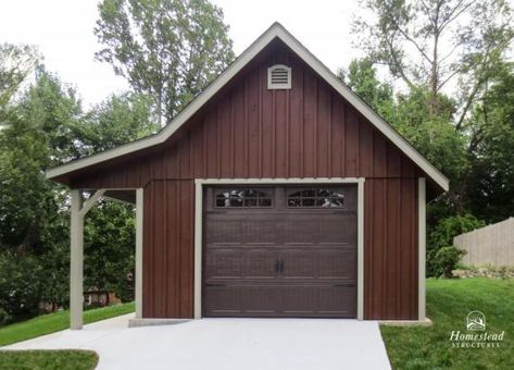 1-Car Garage with porch Garage With Porch, Board Batten Siding, Homemade Gym, Homemade Gym Equipment, Single Car Garage, Prefab Garages, Garage Designs, Garage Builders, Backyard Garage