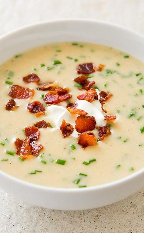 Slow-Cooker Loaded Baked Potato Soup: If you love baked potatoes, you’ll love this soup even more. Sharp cheddar, sour cream, chives, and crispy bacon are essential additions at the end of cooking. Brussels Sprouts Soup Recipe, Brussel Sprout Soup, Potato Soup Loaded, Leftover Brussel Sprouts, Sprout Soup, Loaded Baked Potato, Loaded Baked Potato Soup, Brussels Sprout, America's Test Kitchen Recipes