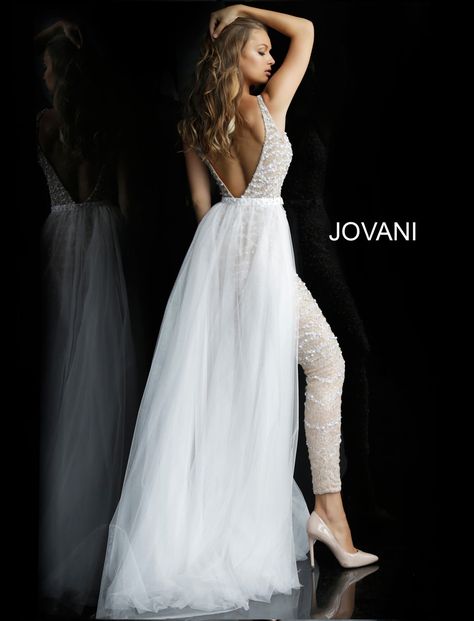 Jovani 60010 | Nude white beaded V neck wedding jumpsuit. Prom Jumpsuit, Wedding Dress Jumpsuit, Beaded Jumpsuit, Kain Tile, Informal Wedding Dresses, Embellished Jumpsuit, Informal Weddings, Jovani Prom, Gaun Fashion