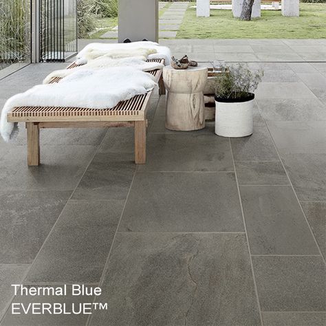 Outdoor Porcelain Tile Pavers | Everblue™ Bluestone Outdoor Covered Patio Flooring Ideas, Verandah Flooring Ideas, Tile Back Patio, Outdoor Tile Flooring, Front Patio Tile Ideas, Lanai Tile Ideas, Outdoor Balcony Flooring Ideas, Tiled Patio Ideas, Porcelain Outdoor Tiles