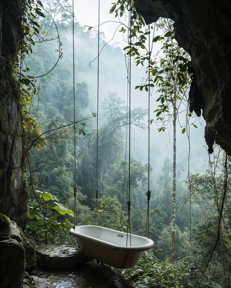 Bath In Nature, Jungle House Aesthetic, Villains Lair, Waterfall Background, Backyard Resort, Fairytale House, Jungle House, Forest Bathing, Future Apartment Decor