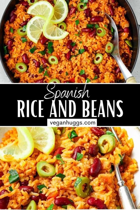 This Spanish Rice and Beans recipe is a deeply flavored one-pot meal that can be served as a side dish or as a main course. It's simple to cook, takes few ingredients, and is ready in about 40 minutes! It's also filling, high in protein, and ideal for meal prep. #VeganHuggs #VeganRecipes #riceandbeans #spanishcuisine Easy Spanish Rice, Spanish Rice And Beans, Meal Vegetarian, Healthy Hearty Meals, Rice And Beans Recipe, Rice Beans, Grilled Tofu, Rice And Beans, Vegan Lunch Recipes