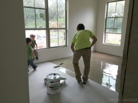 So maybe concrete floors are not the end goal, but there are definitely a few perks. What do I like about my (temporary) flooring choice? Read this post to find out. Home Concrete Floors, Sealed Concrete Floor, Painted Cement Floors, Seal Concrete Floor, Popular Flooring, Paper Bag Flooring, Temporary Flooring, Painting Cement, Wood Company