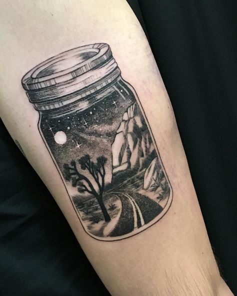 Anna Tat (@annatat_md) on Instagram: “Oliver put the memory from Joshua tree CA in a jar! #annatat #annatattoo #tattoo #joshuatree…”