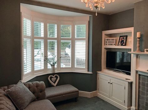 Bay Window Shutters Bay Window Blinds Living Room, Blinds For Bay Windows, Shutters Bay Window, Window Shutters Indoor, Shutters Indoor, Bay Window Shutters, Bay Window Blinds, Living Room Bay Window, Shutters Living Room