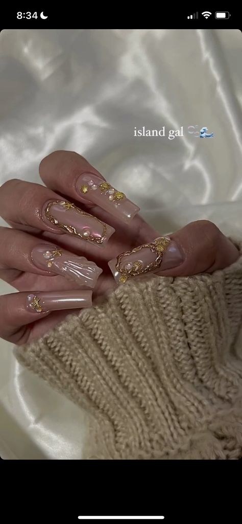 Pearl Nails With Gold, Mermaid Nails Coffin, Chrime Nails, Mermaid Nails, Long Acrylic Nails Coffin, Pearl Nails, Long Acrylic, Acrylic Gel, Acrylic Nails Coffin