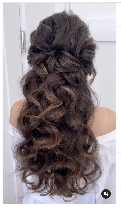 Elegant Hairstyles Down Curls, Fancy Hair Half Up Half Down, Bridal Hair Half Up Half Down Glam, Big Curls Wedding Hair Half Up, Half Up Half Down Wedding Hair Off The Shoulder Dress, Prom Hairstyles For Long Brown Hair, Bridal Hair Half Up Hollywood Waves, Long Brown Hair Wedding, Wedding Hair Off The Shoulder Dress