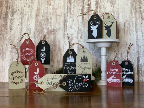 Wooden Christmas Tags Diy, Wood Christmas Tags, Wooden Christmas Tags, Wood Gift Tags, Farmhouse Christmas Ornaments, Decoupage Wood, Door Signs Diy, Wood Tags, Wooden Tags