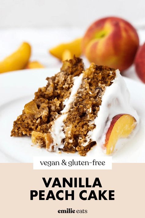 This gluten-free vegan vanilla peach cake is fluffy, sweet and filled with juicy peaches. It's the perfect easy vegan dessert. Simple Mills, Baking With Coconut Flour, Easy Vegan Recipes, Raw Cookie Dough, Easy Vegan Dessert, Raw Cake, Vegan Cake Recipes, Vanilla Cake Mixes, Peach Cake