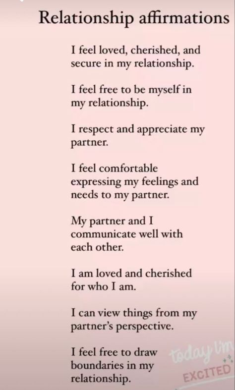 I am loved by my lover Positive Affirmation For Relationship, Daily Affirmations For My Man, Mantra For Relationship, Self Love In Relationship, Daily Affirmations Relationships, Positive Marriage Affirmations, Affirmation For Your Boyfriend, Daily Affirmations For Healthy Relationships, Positive Affirmation For Husband