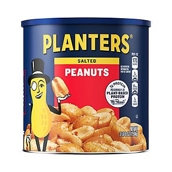 Planters Salted Peanuts follow the original Planters recipe everyone knows and loves. With a legendary taste and satisfying crunch, these peanuts are made with only three simple ingredients: peanuts, peanut oil and sea salt. Each peanut is finely seasoned with sea salt to enhance the natural roasted nut flavor. These perfectly roasted peanuts have 7 grams of protein and are a good source of vitamin E. Free of cholesterol and trans-fat, Planter's Peanuts have 14 grams of fat per serving and are the perfect on-the-go salty snack. Enjoy the traditional taste and crunch of a handful of roasted nuts. These roast peanuts with salt are a great snack for those keeping Kosher and come packaged in a resealable 56 ounce can to help lock in freshness.  Product Features:  * One 56 oz. can of Planters S Peanuts Party, Thai Chicken Salad, Planters Peanuts, Salted Peanuts, Chicken Salad Wrap, Dried Corn, Salad Wraps, Thai Chicken, Peanut Oil