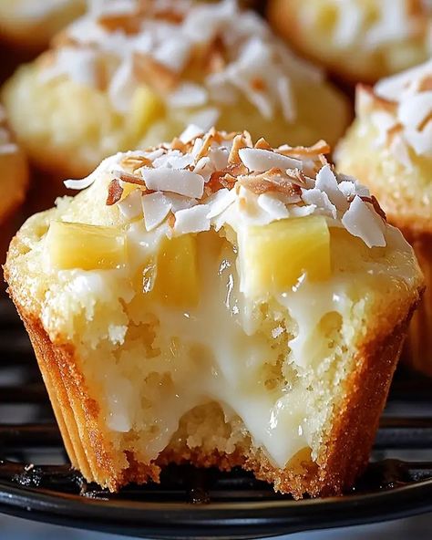 Pina Colada Pie Muffins with Toasted Coconut Topping - optimal recipes Pina Colada Dessert Cups, Pina Colada Pie, Optimal Recipes, Pie Muffins, Tropical Desserts, Butter Alternative, Simple Muffin Recipe, Cream Cheese Muffins, Gluten Free Muffins