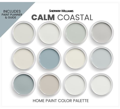 Sherwin Williams Coastal Colors, Coastal Exterior Paint Colors, Sherwin Williams Coastal, French Country Paint Colors, Color Palette Sherwin Williams, Modern Farmhouse Paint Colors, Farmhouse Color Palette, Calm Coastal, Coastal Paint Colors