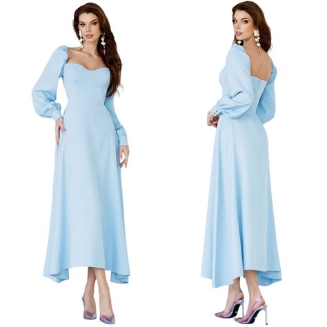 This Is An Elegant Sky Blue Puff Sleeve Dress From Elagia. Features Beautiful Puff Sleeves That Can Be Worn On Or Off The Shoulders. Little Buttons Adorn The Cuffs For Excellent Detail. The Bust Is Tailored In A Corset Style That Ends At The Natural Waist And Finishes In A Midi Length. I Absolutely Adore The Cut Of This Dress. It Is Serving French Provincial, Beauty And The Beast Vibes. Dress It Up With Heels And Statement Purse Or Down With Some Strappy Sandals And A Cross Body Bag. It Is In Ne Light Blue Puff Sleeve Dress, Blue Puff Sleeve Dress, French Corset, Long Sleeve Satin Dress, Statement Purse, Navy Blue Midi Dress, Fitted Midi Dress, Plunge Dress, Halter Midi Dress