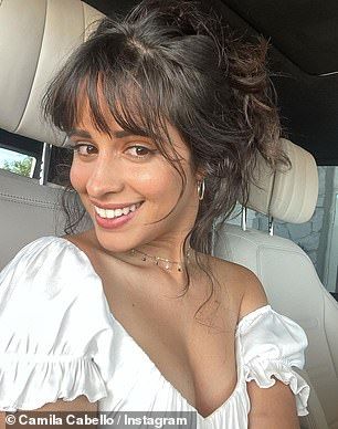 Camila Cabello heads to lunch in Hollywood in tblack crop top with nude hoodie and drawstring pants | Daily Mail Online Long Shag Haircut, Cabello Hair, 70s Hair, Half Ponytail, Wispy Bangs, Shag Haircut, Long Hair With Bangs, Mode Inspiration, Hair A