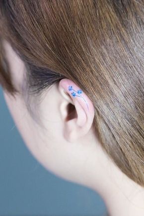 Helix Tattoo Ideas, Cartilage Tattoo, Ear Lobe Tattoo, Helix Ideas, Helix Tattoo, Vintage Aesthetic Tattoos, Bluebonnet Tattoo, Nc Tattoo, Blue Flower Tattoos