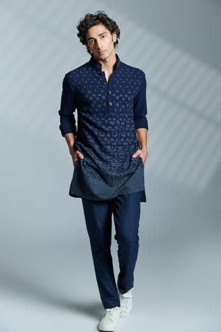 Shop for S&N by Shantnu Nikhil Blue Nylon Printed Short Kurta for Men Online at Aza Fashions Mens Short Kurta Designs, Simple Kurta For Men, Kurta Pyjama For Men Wedding, Men’s Kurta Design, Kurta Pajama Men Design, Kurta Mens Design, Kurta Outfits For Men, Men’s Kurta, Navy Blue Kurta For Men