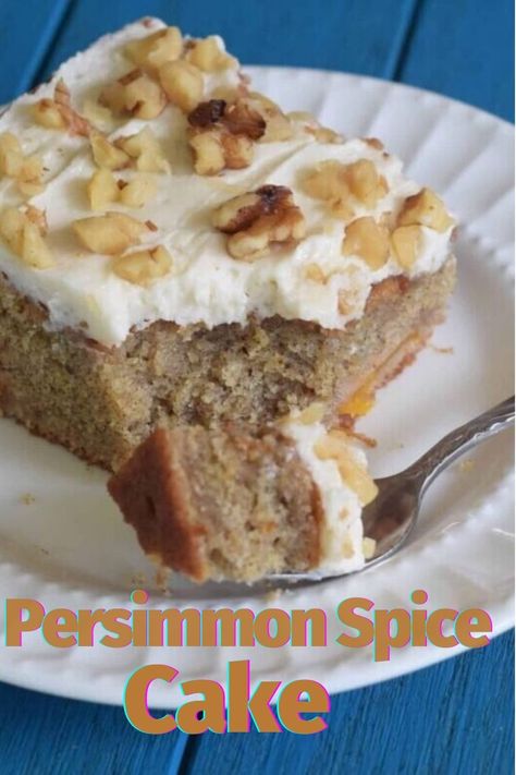 This is an easy, fall dessert option and an easy alternative to a 3 layer cake for Christmas dinner. Fuyu and Hachiya persimmons are not alike but both can be used to make this old-fashioned cake. Persimmon Bundt Cake Recipe, Persimmon Pulp Recipes, Best Persimmon Pudding Recipe, Persimmon Spice Cake With Cream Cheese Frosting, Persimmon Baking Recipes, Fuyu Persimmon Recipes, Spice Sheet Cake, Old Fashioned Persimmon Pudding, Persimmon Cake Recipe