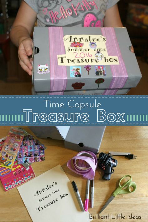 Time Capsule Treasure Box for kids. Shoe box craft, summertime craft, pirate theme craft recycling craft for kids easy kid craft activity Fun Table Decorations, Best Friend Crafts, Craft For Kids Easy, Baby Art Crafts, Shoe Box Crafts, Recycling For Kids, Summertime Crafts, Travel Crafts, Box Craft