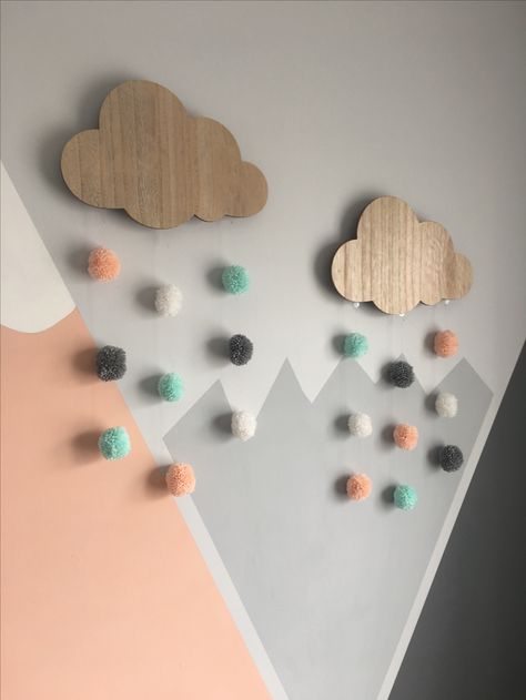 Next cloud lights customised with hand pace pom pom. Girl's nursery peach, grey and mint mountain theme Fun Nursery, Baby Bedroom, Nursery Inspiration, Nursery Neutral, Nursery Ideas, Baby Room Decor, Nursery Themes