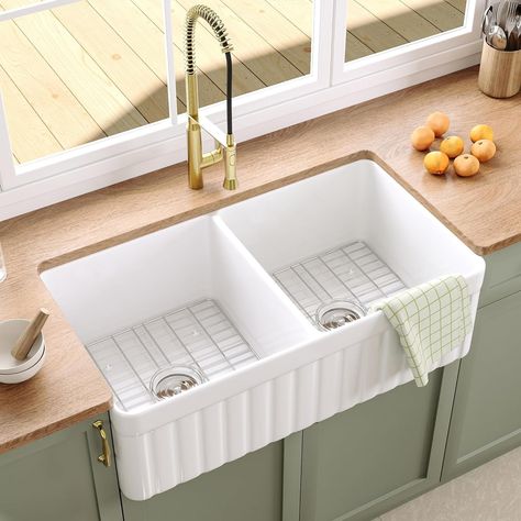 Double Bowl Farmhouse Sink, DeerValley DV-1K503 Nova 33" L x 18" W Fireclay Farmhouse Sink Double Bowl 50/50 Kitchen Sinks, Reversible Apron Front Kitchen Sinks with Bottom Grid and Strainer in White - Amazon.com Double Farmhouse Sink, Cast Iron Kitchen Sinks, Apron Kitchen Sink, White Farmhouse Sink, Apron Front Kitchen Sink, Fireclay Farmhouse Sink, Kitchen Sink Stainless Steel, Farmhouse Kitchen Sink, Apron Sink Kitchen