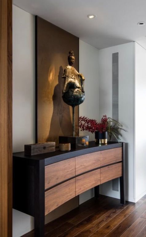 Modern home altar Modern Buddhist Altar, Buddhist Altar Home Ideas, Altar Design Home Modern, Modern Altar Design, Altar Design Home, Chinese Altar Design, Buddhist Room, Catholic Home Altar Ideas Living Rooms, Praying Corner