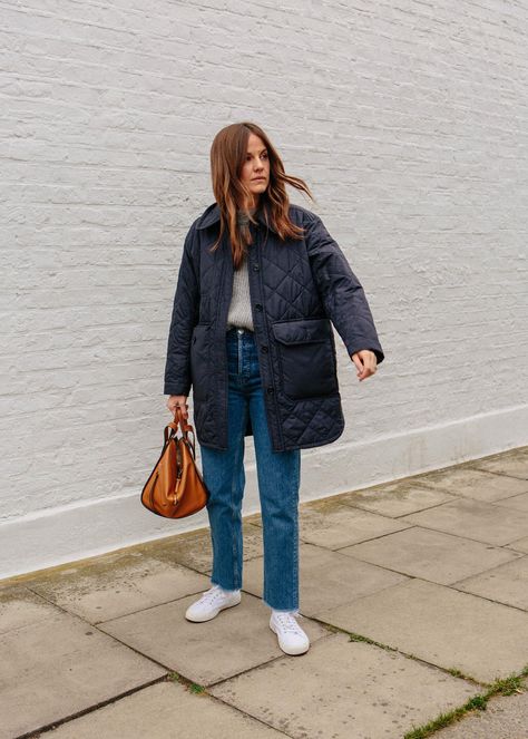 Quilted Coat Outfit, Navy Quilted Jacket, Long Quilted Coat, Puffer Coats, Mum Fashion, Pajama Outfits, Older Fashion, Long Walks, Quilted Coat