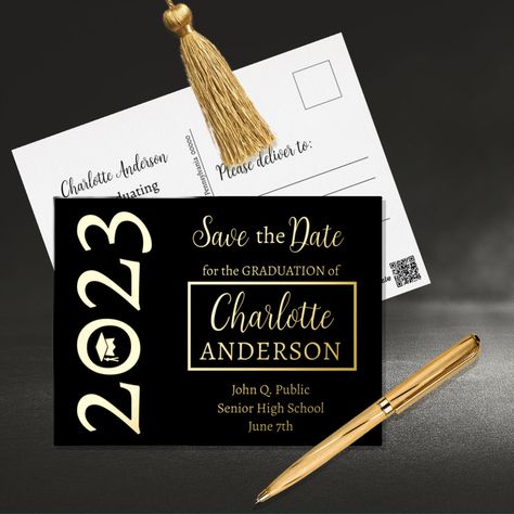 Simple, classy and modern single "2023" grad cap graduation announcement postcard design. Features your grad's details on the front right with the year in gold foil text art on left. Also the grad's first name in a scripted font with the last name in a serif style font, all enclosed in a gold foil frame over a black background to highlight your graduate's name.
#savethedate #graduation #classof2023 #holidayheartsdesigns #graduate #goldfoil #announcement #blackgraduation John Q, Gold Foil Text, Cap Graduation, 2023 Graduation, Graduation Announcement, Grad Cap, Postcard Design, Graduation Announcements, Text Art