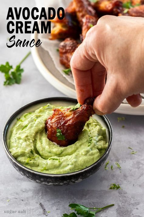 This Avocado Cream Sauce is tangy, nutty and perfect for using as a dip or for topping burgers or tacos. It's almost a smooth, creamy guacamole minus tomato and every bit as delicious. #sugarsaltmagic #avocadodip #avocadosauce #creamyguacamole Sauce For Burgers, Dip Sauces, Guacamole Sauce, Avocado Cream Sauce, Keto Dips, Creamy Guacamole, Cream Sauces, Healty Dinner, Healthy Potato Recipes