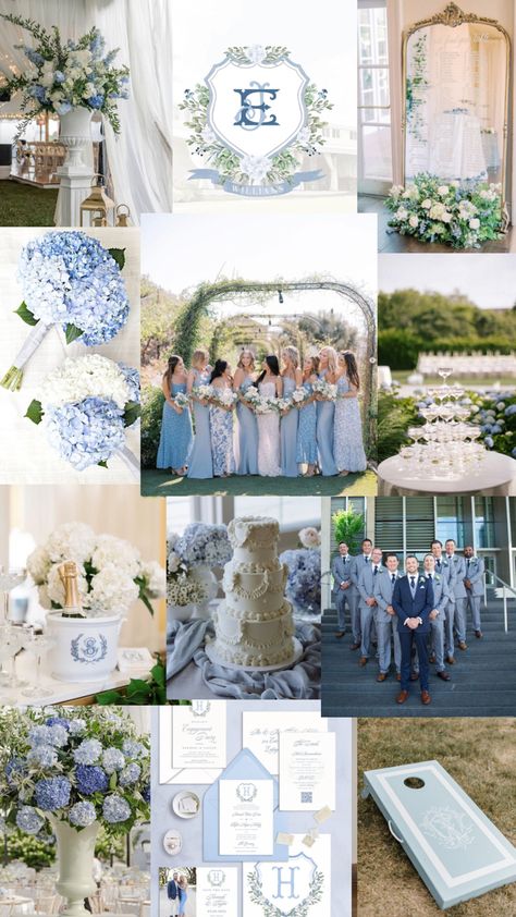 White And Blue Theme Wedding, Blue Monochromatic Wedding, Blue Weddings Ideas, Periwinkle And White Wedding, Timeless Blue Wedding, Blues And White Wedding, Elegant Blue Wedding Theme, Dusty Blue Wedding Theme Groomsmen, Blue Hydrangea Wedding Theme