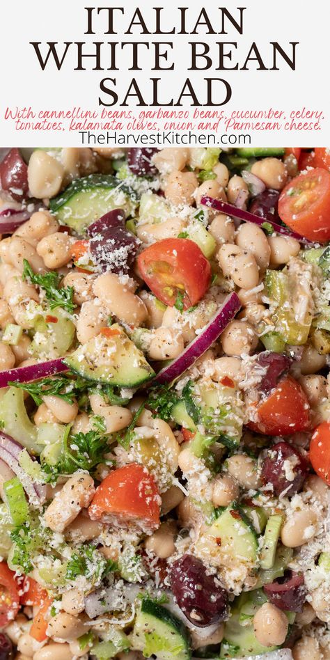 This Italian White Bean Salad recipe is a delicious mix of canned cannellini beans and garbanzo beans, cucumber, tomatoes, onion, celery, kalamata olives, Parmesan cheese and herbs. It’s all tossed in an amazing red wine vinaigrette that makes this salad really delicious. This Tuscan white bean salad is quick and easy to make and it is always a crowd-pleaser! Tuscan White Bean Salad, Bean Salad Recipes Easy, Quinoa Salad Dressing, White Bean Salad Recipes, Cannellini Beans Recipes, Cannellini Bean Salad, Garbanzo Beans Salad, Italian Beans, Tuscan White Bean