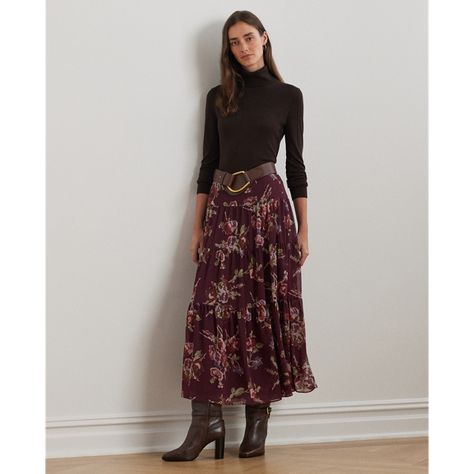 Refreshed with the season’s painterly floral motif this A-line skirt is designed with a tiered construction and crinkle georgette for effortless movement with each step. Long Skirt With Boots, Floral Midi Skirt Outfit, Midi Skirt Outfit Fall, Church Outfit Winter, Floral Skirt Outfits, Skirt Outfit Fall, Painterly Floral, Ralph Lauren Fall, Midi Skirt Outfit