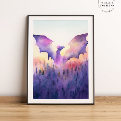 Dragon in a lavender field watercolor wall art & digital download This painting is a digitized version of my own original painting. It was scanned to a high-resolution image, which you can download instantly and print it yourself, either at home or by using a professional printing service in your area or online.  You will receive high-quality JPG digital image files in 300dpi. This digital artwork comes in 3 different sizes (in inches) that you can download instantly: * 5x7 (12.7 x 17.78 cm) * 8 Dragon Watercolor, Field Watercolor, Painting Lavender, Dragon Lady, Aquarelle Art, Popsicle Crafts, Lavender Field, Watercolor Wall, Purple Watercolor