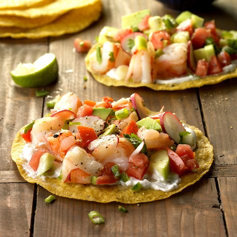 Shrimp Tostadas with Lime-Cilantro Sauce Mexican Shrimp Ceviche, Taco Meals, Tostadas Recipes, Ceviche Tostada, Shrimp Tostada, Taco Appetizers, Tostada Recipe, Shrimp Tostadas, Farm Cooking