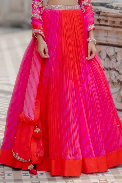 Buy Paulmi and Harsh Pink Chiffon Leheriya Lehenga Set Online | Aza Fashions Leheriya Lehenga, Paulmi And Harsh, Abhinav Mishra, Cape Jumpsuit, Lehenga Dupatta, Lehenga Designs Simple, Pink Chiffon, Jumpsuit Skirt, Embroidered Neckline