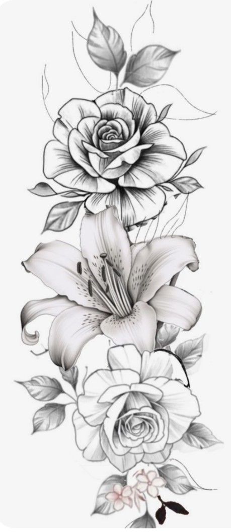 Roses And Lily Tattoo, Peony Rose And Lily Tattoo, Rose And Lily Tattoo Design, Rose And Lotus Flower Tattoo, Lily And Rose Tattoo, Lily Tattoo Sleeve, Lilly Flower Tattoo, Flower Tattoo Stencils, Lillies Tattoo