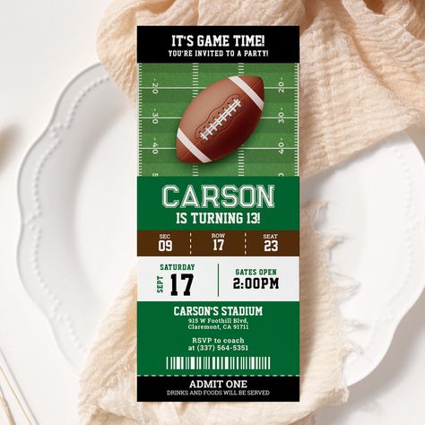 Football Birthday Party Ticket Invitation 50 Year Birthday, Football Birthday Party Invitations, Football Party Invitations, Sports Birthday Invitations, Football Invitations, Football Birthday Party, Party Tickets, Kids Birthday Themes, Ticket Invitation