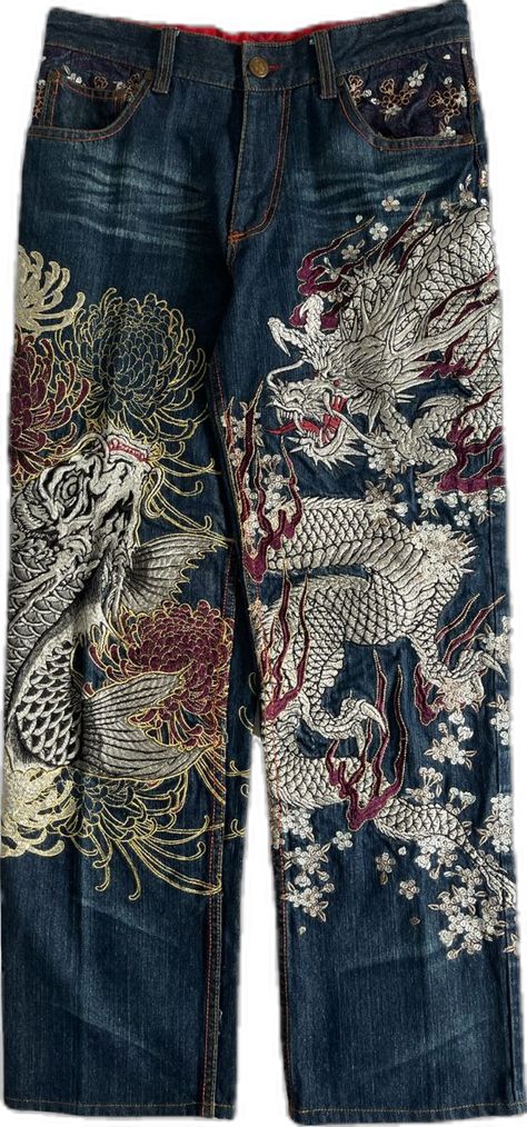 Dragon Aesthetic Outfit, Dragon Pants Outfit, Y2k Embroidered Jeans, Dragon Print Outfit, Dragon Pants, Dragon Embroidery Jeans, Dragon Jeans, Japanese Jeans, Chinese Dragon Jeans