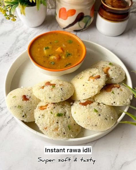 Divya on Instagram: "Instant rawa idli & Sambhar recipe 😍😍. 
Save this for later ❤️

Instant rawa idli recipe . 
Ingredients- 
🔸Oil - 1 tbsp 
🔸 Mustard seeds- 1 tsp 
🔸 Chana dal - 1 tsp 
🔸 Urad dal - 1 tsp 
🔸 Green chilli-2 
🔸 Curry Leaves- 4-5 
🔸 Cashew- 2 tbsp 
🔸 Rawa - 1 cup 
🔸 Curd - 1/2 cup 
🔸 Salt - 1 tsp 
🔸 Coriander leaves- 2 tsp 
🔸 Water - 1/2 cup ( As required) 
🔸 ENO - 1 tbsp 

 Sambhar recipe. 
Save this for later 💛.
Ingredients- 
🔸Oil - 2 tsp 
🔸Mustard seeds- 1 tsp 
🔸Red chilli - 2-3 
🔸Hing - 1/4 tsp 
🔸Onion - 2 
🔸Curry leaves- 6-7
🔸Tomato- 2
🔸Aloo - 1/2 cup 
🔸Bottle gourd- 1/2 cup 
🔸Carrots- 1/2 
🔸Red chilli powder- 1 tsp 
🔸Salt - 1  tbsp 
🔥Shambar masala- 2 tbsp 
🔸Tamarind pulp - 1/4 cup 
🔸Cooked toor dal - (1 cup dal)
🔸Water -2-3 cup or as re Rawa Idli Recipe, Idli Sambhar, Sambhar Recipe, Sambar Recipe, Toor Dal, Idli Recipe, Chana Dal, Bottle Gourd, Urad Dal